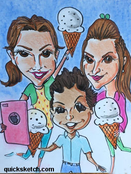 caricature from photos 3 kids with ice cream cones and taking a selfie