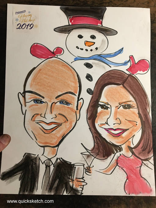 caricatures for corporate holiday parties. Christmas party caricature of a couple with a snowman caricatures fast fun holiday office party entertainment ideas staff party entertainment fun christmas party sketch artist corporate x-mas party office christmas party entertainment ideas company holiday party ideas Characatures by Marty