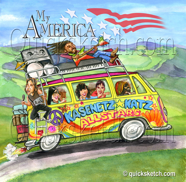 quick sketch cartoon dvd cover of a rock band on the road classic hippie vw bus cartoon hippie vw van cartoon