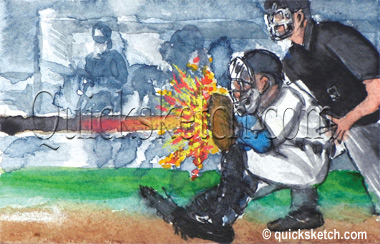 quick sketch caricature cartoon of a baseball catcher catching a nolan ryan fireballbaseball cartoon