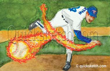 quick sketch caricature cartoon of nolan ryan throwing a fireball baseball cartoon