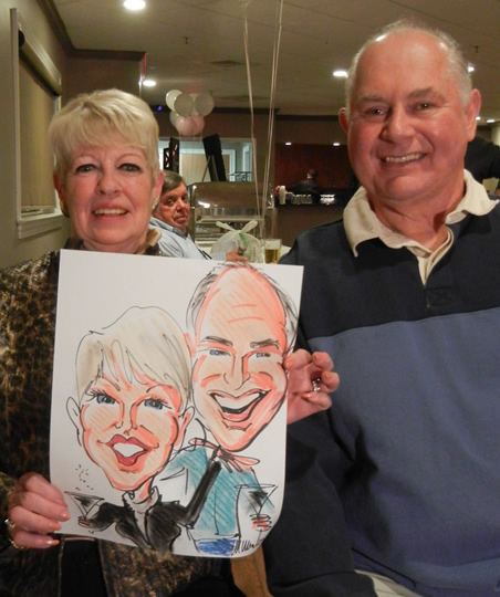 caricature of couple at a surprise party