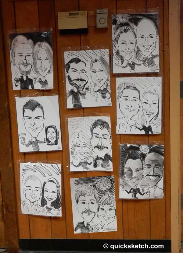 surprise party caricatures on the wall