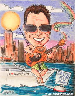 party caricature of a guy hanging out on a boat playing a guitar Characatures by Marty