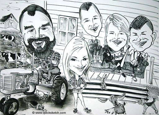 black and white caricature of a fmily on a farm with all their animals and tractor Characatures by Marty
