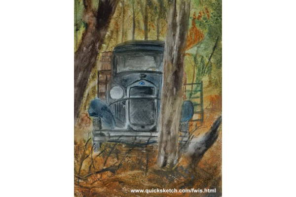 plein air watercolor vintage old 1930's pickup truck in woods autumn scene fall colors 1930 pickup truck with barrels in back watercolor pickup truck watercolor old pickup trucks watercolor from where i stand Affordable fine art prints for sale and custom paintings by marty macaluso artist website