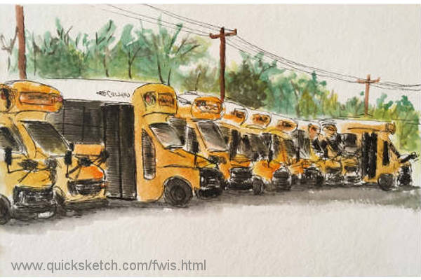 fountain pen and watercolor art school busses parked in bus yard school watercolor van small school busses bus greeting card art from where i stand Affordable fine art prints for sale custom paintings by marty macaluso artist website