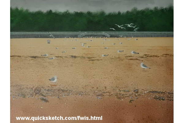 Acrylic painting seagulls on beach painting deserted beach seagulls low tide boardwalk horseshoe crab on beach cloudy beach day empty beach from where i stand Affordable fine art prints for sale and custom paintings by marty macaluso artist website