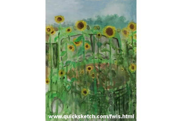 plein air watercolor painting of old 1950's era pickup truck in a field behind sunflowers optical illusion painting watercolor pickup truck watercolor old pickup trucks watercolor old pickup truck in sunflower field 1950s pickup truck from where i stand Affordable fine art prints for sale custom paintings by marty macaluso artist website