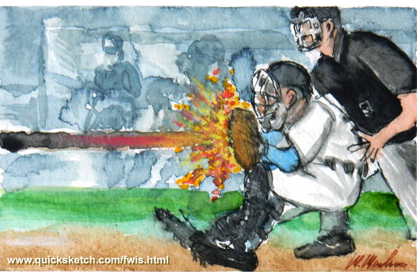 watercolor cartoon vintage baseball catcher catching fireball from pitcher baseball catcher watercolor baseball catcher illustration baseball dugout umpire cartoon from where i stand Affordable fine art prints and custom paintings by marty macaluso artist website
