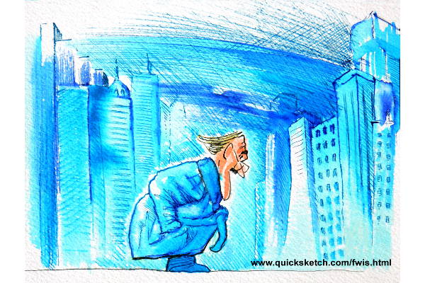 watercolor marker cartoon of a guy in his bathrobe wandering around in the city from where i stand Affordable fine art prints and custom paintings by marty macaluso artist website