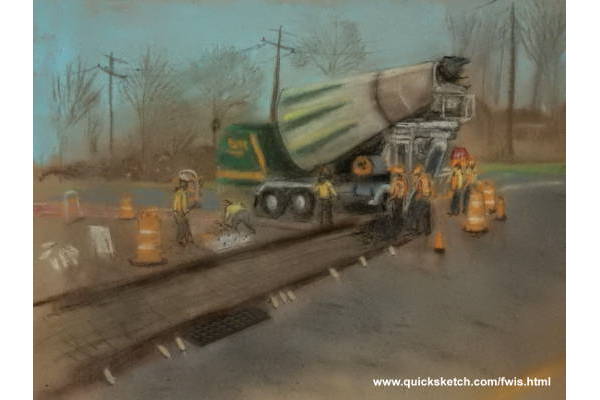 pastel of cement truck construction road crew putting in sidewalks road construction crew drawing cement truck from where i stand Affordable fine art prints for sale custom paintings by marty macaluso artist website