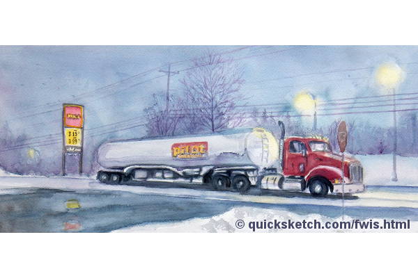watercolor  painting Pilot gas truck art i78 nj winter snowy afternoon 18 wheeler watercolor gas tanker truck art gasoline tanker truck painting fuel tanker truck artwork oil trailer truck art 18 wheeler semi truck painting semi-trailer truck from where i stand Affordable fine art prints for sale custom paintings by marty macaluso artist website
