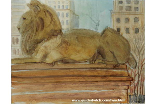 plein air watercolor nyc public library lion statues painting patience and fortitude artwork ny public library lion art nyc buildings and crane background ny public library lion statue watercolor watercolor painting autumn from where i stand Affordable fine art prints for sale custom paintings by marty macaluso artist website