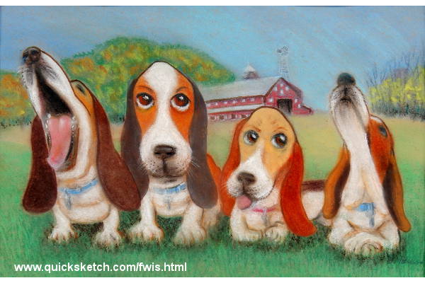pastel pet portrait 4 small basset hounds in the grass on a farm barn in background dog pet portraits pet portrait artist from where i stand Affordable fine art prints and custom paintings by marty macaluso artist website