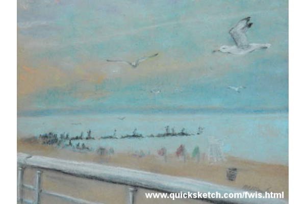 pastel evening sky beach scene from boardwalk with seagull painting seagulls and beach jetty from where i stand Affordable fine art prints for sale and custom paintings by marty macaluso artist website