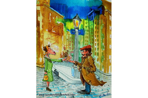 watercolor cartoon of a spy scene with a classic european city cartoon background vintage scene british looking spy cartoon with trenchcoat and woman from where i stand Affordable and custom paintings by marty macaluso artist website