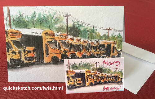 quicksketch watercolor of school busses in bus yard school bus watercolor school bus van busses school bus greeting card art fine art prints and custom paintings by marty macaluso artist website