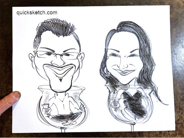 quick sketch caricature artist for weddings fun bridal shower entertainment caricature of girls in wine glasses bridal shower guests unusual Brooklyn Weddings