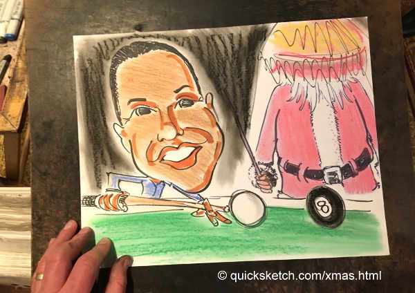 corporate holiday party caricature of guy playing pool with Santa claus caricatures 8 ball billiard cartoon caricature fast fun holiday office party ideas staff party entertainment fun christmas party sketch artist corporate x-mas party office christmas party entertainment ideas company holiday party ideas Characatures by Marty