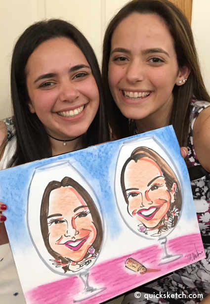 quick sketch caricature artist for weddings fun bridal shower entertainment caricature of girls in wine glasses bridal shower guests unusual Brooklyn Weddings