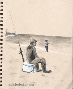 Charcoal pencil sketch of a guy fishing on a beach