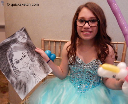 bat mitzvah girl with her caricature drawing Characatures by Marty