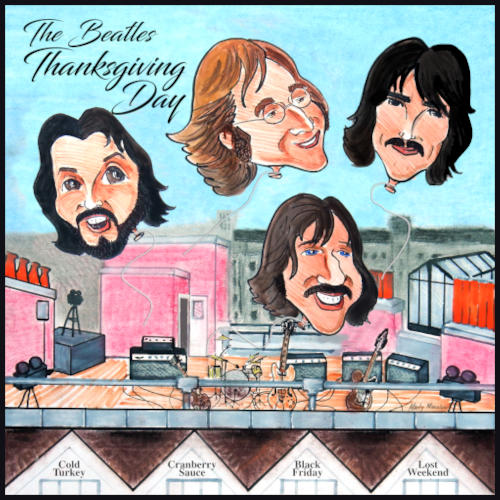 Cartoon parody album rare Beatles Thanksgiving Album Beatles balloons, Beatles rooftop concert featuring John Lennon, Paul McCartney, Ringo Starr, George Harrison as balloons over the 1969 rooftop concert. Beatles Get Back/Let It Be album Beatles Rooftop cartoon