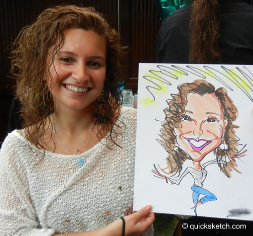 girl at bridal shower with caricature artist for weddings unique wedding entertainment alternative wedding reception entertainment ideas for wedding guests unusual wedding entertainment ideas USA metro ny area wedding caricatures Long Island quick sketch artist entertainment bride & groom caricatures walk around wedding caricatures caricature artist for bridal shower engagement party fun baby shower entertainment