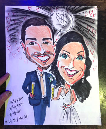 bride and groom caricature showing multiple postopned wedding dates troughout 2020 because of covid