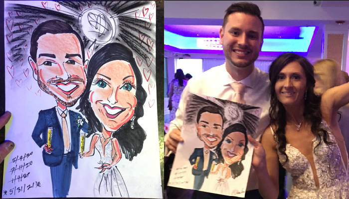 long island wedding caricature artist bride groom caricature showing multile postponed wedding dates because of covid-19 pandemic quick sketch wedding artist cartoon portrait wedding sketch artist for weddings Characatures by Marty