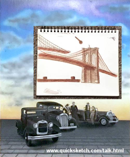  keeping busy during covid-19 in progress illustration 1930 style cars & people and brooklyn bridge sketch drawn with a fountain pen