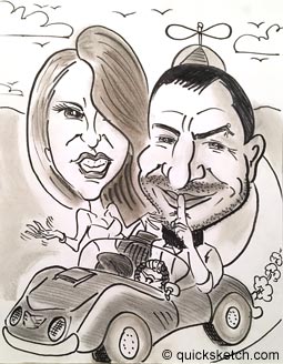 Caricature of a couple in a car spoof of a always sunny in phonadelphia episode and simpsons dune buggy caricature episode
