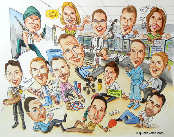 watercolor caricature of 15 people in a department as a retirement gift caricatures from photos Characatures by Marty