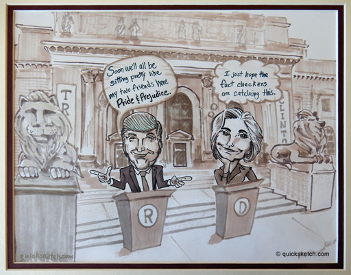 Trump Clinton NY Library Debate Caricature