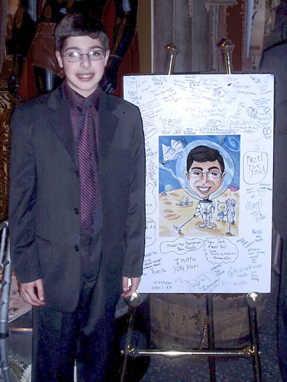 caricature for Bar Mitzvah Bat Mitzvah invitation Bar Mitzvah boy and his dad running with a scroll gift caricatures from photos Characatures by Marty