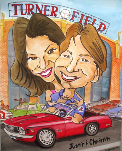caricature of a couple sitting in a mustang outside of turner baseball field gift caricatures from photos Characatures by Marty