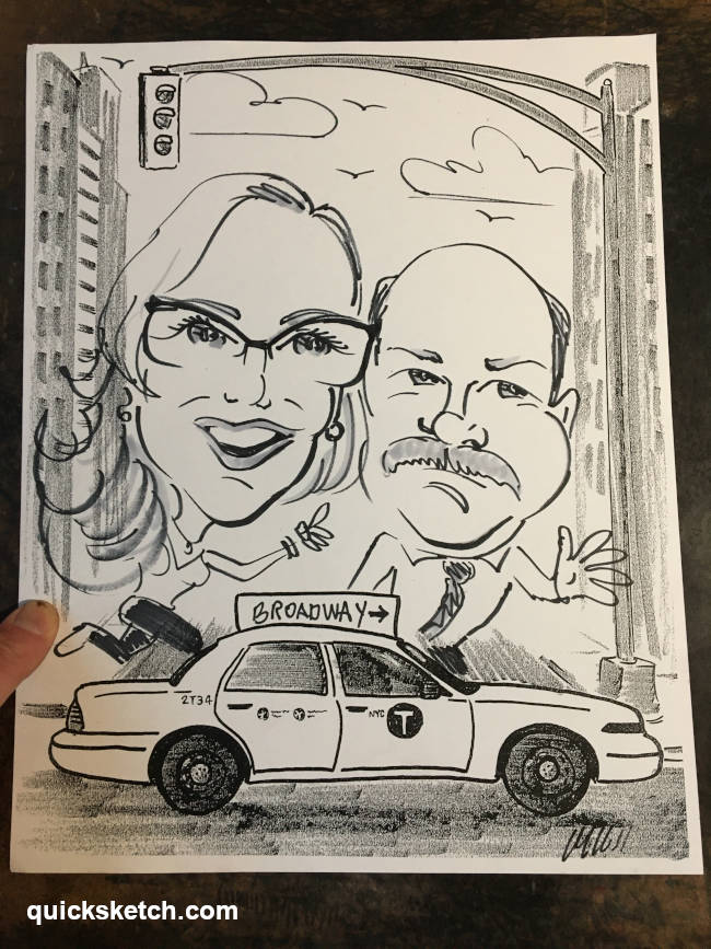 caricatures of a couple running for a cab in NYC