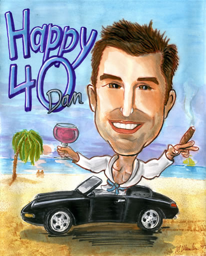 watercolor caricature portrait of a guy in his porsche on a beach smoking a cigar gift caricatures from photos Characatures by Marty