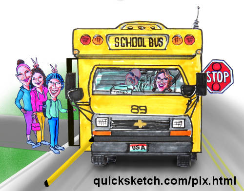 school bus stop cartoon school bus driver caricature kids boarding school bus cartoon family caricature Characatures by Marty
