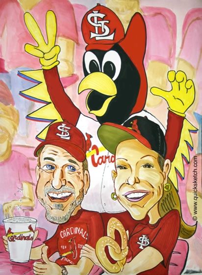 cartoon caricature of a couple at a St. louis cardinals game with fred bird gift caricatures from photos Characatures by Marty