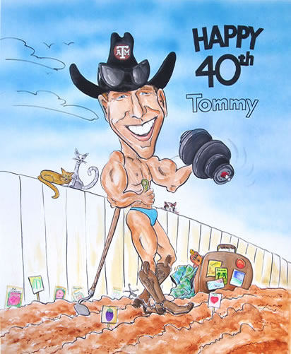 watercolor caricature cartoon of a texas cowboy gardening Characatures by Marty