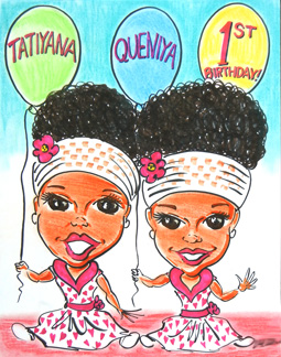 twins first birthday party caricature