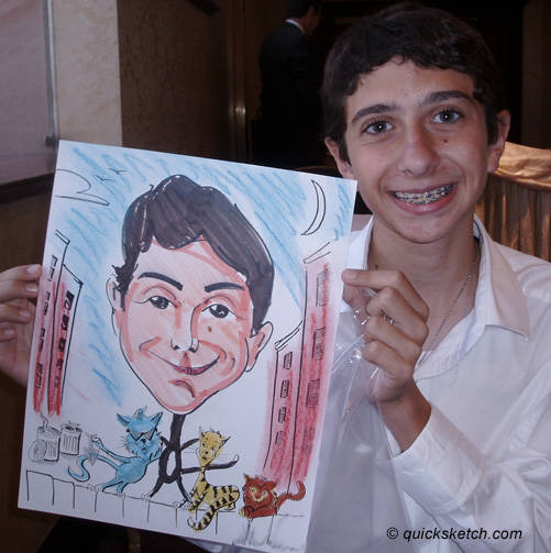 bar mitzvah caricature of a boy with cats Characatures by Marty