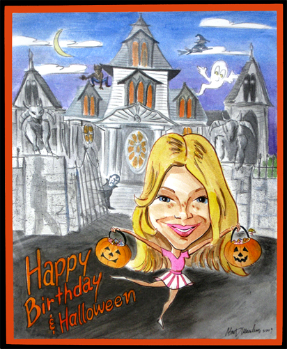 haunted house cartoon with a girl trick or treating gift caricatures from photos Characatures by Marty