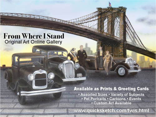 from where i stand fine art gallery illustration 1930 style cars & people and brooklyn bridge marty macaluso