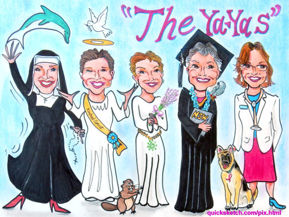 caricature of 5 women friends and something special about each one Characatures by Marty