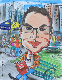 cartoon nyc scene caricature of aguy on a nyc park bench Characatures by Marty