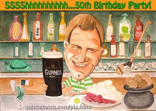 50th birthday party characature of an Irish guy behind his bar with beer Characatures by Marty
