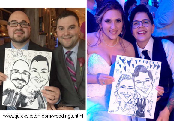 same sex wedding caricature artist for weddings unique wedding entertainment alternative wedding reception entertainment ideas for wedding guests unusual wedding entertainment ideas USA metro ny area wedding caricatures Long Island quick sketch artist entertainment bride & groom caricatures walk around wedding caricatures caricature artist for groom and groom bride and bride weddings